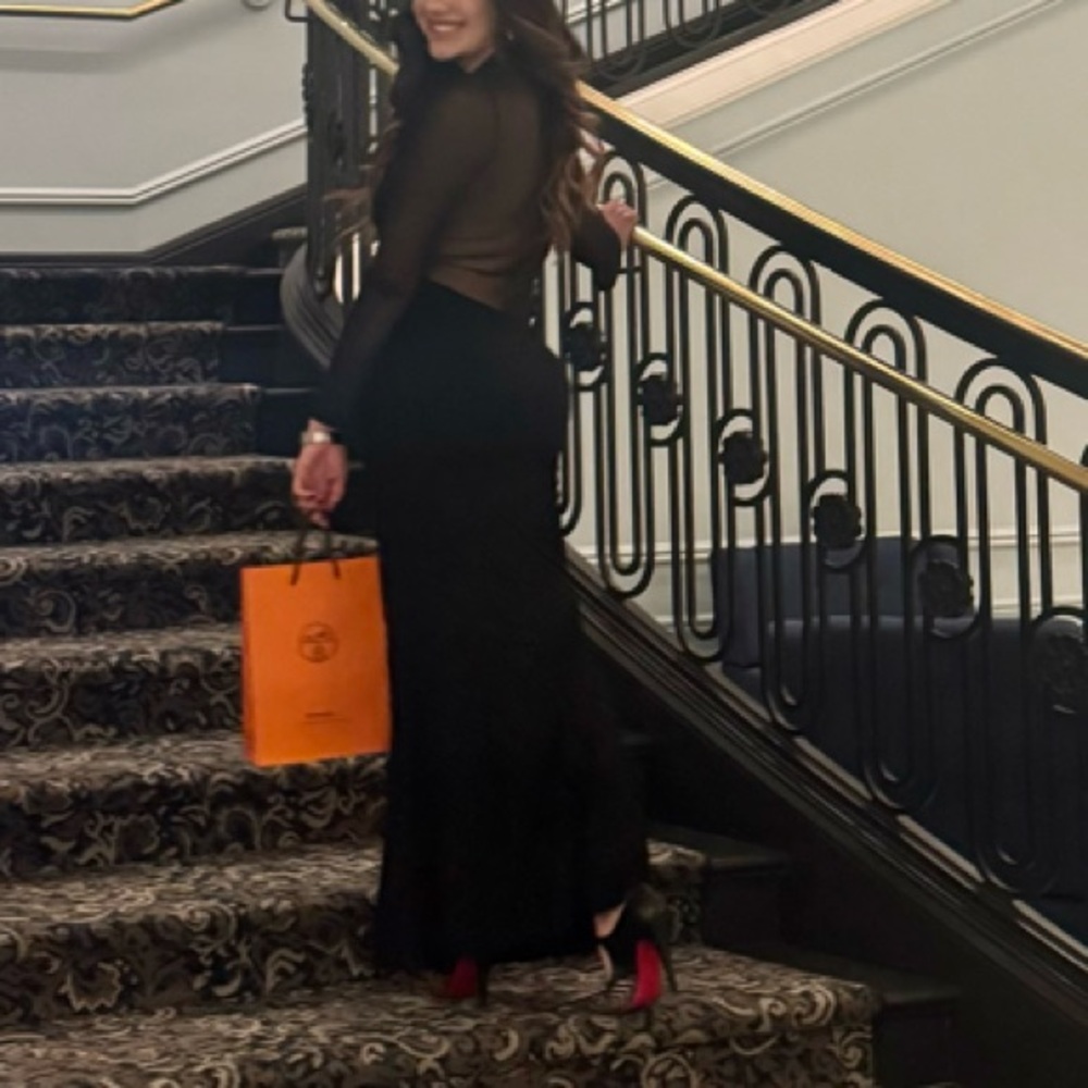 Micas long Black Evening Gown with mesh back and sleeves